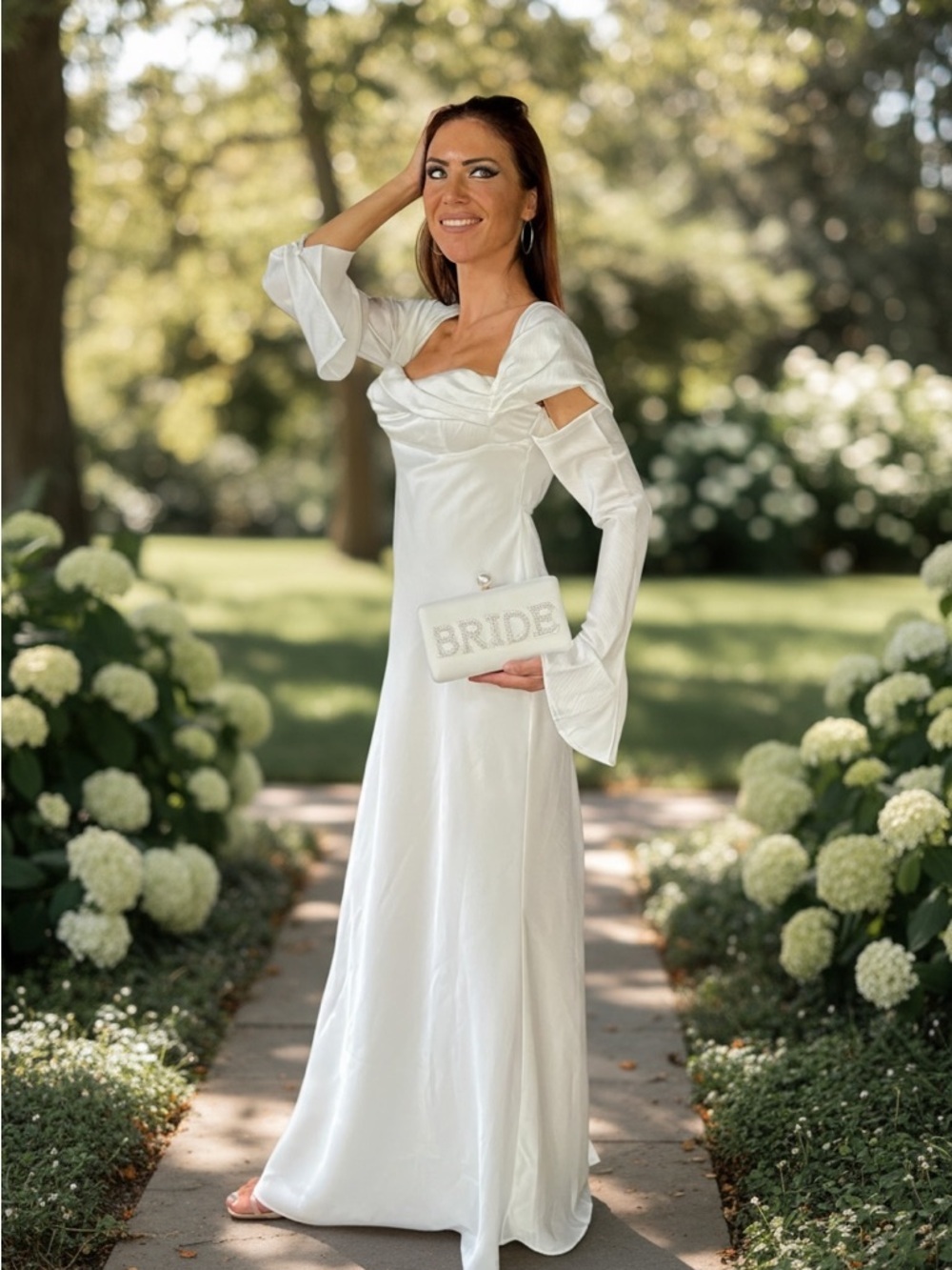 BABYBOO Elegant White Bridal Gown with Cold Shoulder Flared Sleeves Size L